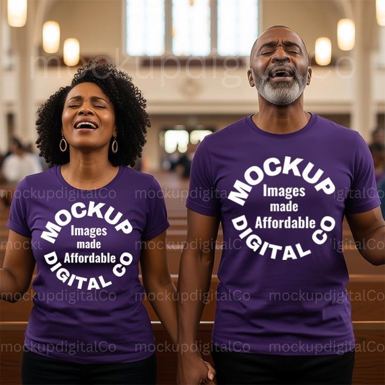 May include: Two people wearing matching purple t-shirts with the text "MOCKUP Images made Affordable DIGITAL CO" in a church setting. The t-shirts are short-sleeved and the people are holding hands.