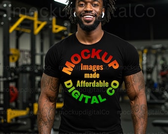 Gym Mockup Bella Canvas 3001 Black T-shirt Mockup | Fitness Lifestyle | Black Model Mockup | African American Male | Gym Workout Shirt