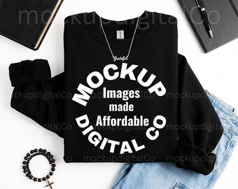 Black Gildan 18000 Sweatshirt Mockup | G180 Black Crewneck Mock-up | Flat Lay Mockup | Christian Faith Lifestyle | Gildan Flat Lay Sweater