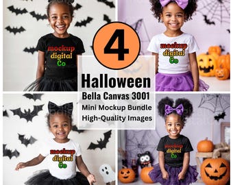Halloween Kids Tshirt Mockup, Bella Canvas 3001T T-Shirt Fall Halloween Mockup, Baby Black Girl Model, Kids Halloween Shirt Mockup Bundle