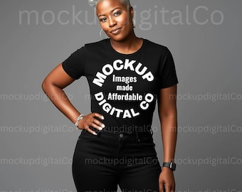 Bella Canvas 3001 Black T-Shirt Mockup on Diverse Female Model, Black Tee Mock Up, Model Mockup, Trendy Shirt Mockup, Bella Canvas