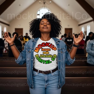 Bella 3001 White T-Shirt Mockup African American Woman Church Lifestyle Black Model Female Christian Trendy Religious White Tshirt Mock up