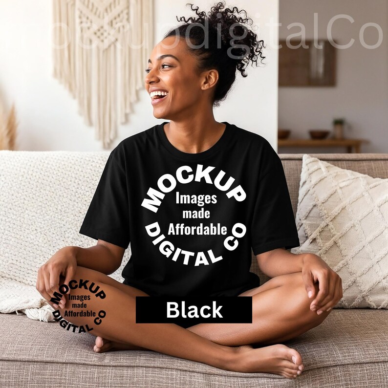 May include: Black t-shirt with a white circular graphic that reads "MOCKUP Images made Affordable DIGITAL Co." The word "Black" is in a black rectangle at the bottom. The t-shirt is being modeled.