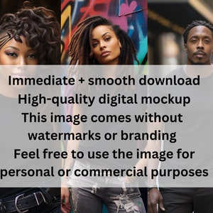 May include: Three people, two women and one man, are standing in front of a colorful graffiti wall. They are all wearing black shirts. The women are wearing jeans and the man is wearing black pants. The text on the image reads: "Immediate + smooth download High-quality digital mockup This image comes without watermarks or branding Feel free to use the image for personal or commercial purposes"