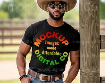 Bella Canvas 3001 Black Tshirt Mockup | Western Cowboy Mockup | Black Model Mockup | Male BC3001 Black T-shirt Mockup | Outdoors Style Mock