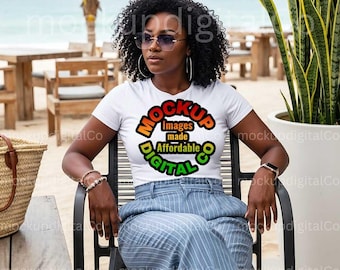 Bella Canvas 3001 Tshirt Mockup | White Shirt Mockup | Black Model  | Trendy Lifestyle Mockup | Summer Styled White T-shirt Digital Mock up