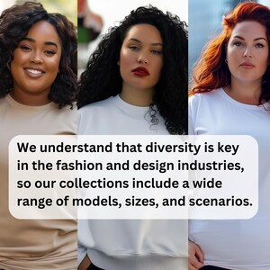 May include: Three women of different ethnicities and hair colors are wearing plain t-shirts. The text reads: "We understand that diversity is key in the fashion and design industries, so our collections include a wide range of models, sizes, and scenarios."