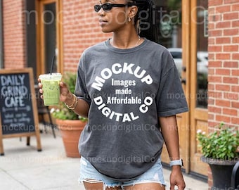 Comfort Colors 1717 Tshirt Pepper Mockup | CC1717 Pepper Grey Shirt Mockup | Black Model Mockup| Trendy Urban Lifestyle | Digital Download