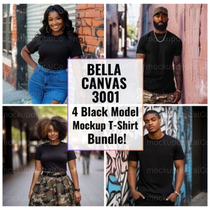Bella Canvas 3001 4 Black Model Mockup Black Tshirt Bundle African American Black Men and Black Women Urban Trendy Lifestyle Tee Mockups