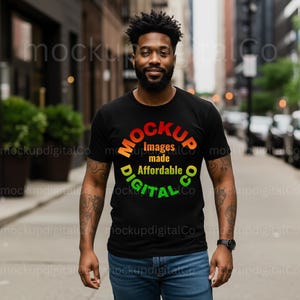 Puede incluir: Una camiseta negra con un gráfico circular de colores que dice "MOCKUP Images made Affordable DIGITAL CO".