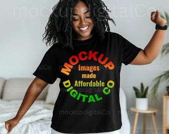 May include: A black t-shirt with a colorful circle graphic that says "MOCKUP IMAGES MADE AFFORDABLE DIGITAL CO".