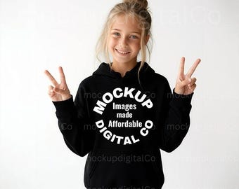 Kids Gildan 18500B Black Hoodie Mockup | Youth Hoodie Mockup | Child Hooded Sweatshirt Mockup | Trendy Girl Model Studio Styled POD Mockup