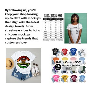 May include: A white t-shirt mockup with the text "MOCKUP Images made Affordable DIGITAL CO" is displayed with a pair of denim shorts, sunglasses, and sneakers. The image also includes a size chart and a mockup bundle with 16 colors.