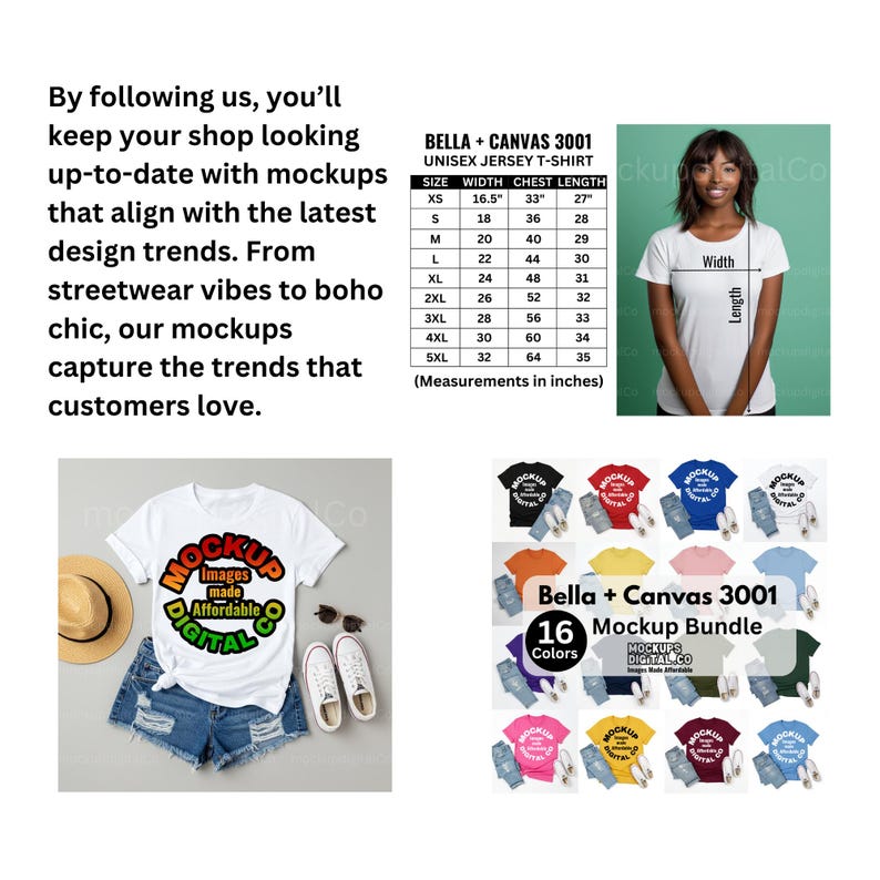 May include: A white t-shirt mockup with the text "MOCKUP Images made Affordable DIGITAL CO" is displayed with a pair of denim shorts, sunglasses, and sneakers. The image also includes a size chart and a mockup bundle with 16 colors.