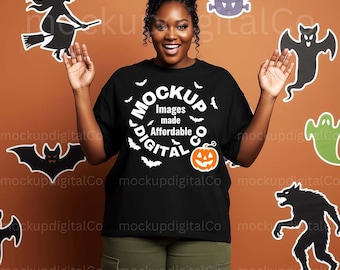 Black Bella Canvas 3001 Tshirt Halloween Mockup, Black Model, Studio Halloween Shirt Mockup, Spooky Fun Fall BC 3001 Black T-Shirt Mock-up