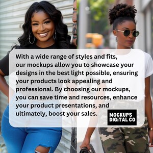 May include: Two people standing in front of a brick wall with a white text box overlaying the image. The text box says "With a wide range of styles and fits, our mockups allow you to showcase your designs in the best light possible, ensuring your products look appealing and professional. By choosing our mockups, you can save time and resources, enhance your product presentations, and ultimately, boost your sales. MOCKUPS DIGITAL CO".