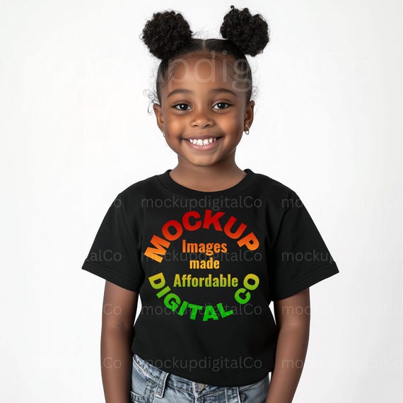 Kids Bella Canvas 3001T Black TShirt Mockup • Little Black Girl Mockup • African American• Child Model Mockup • Studio Aesthetic Mockup