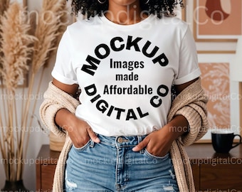 Bella Canvas 3001 White Mockup White T-shirt Mockup African American White T-Shirt Mockup Black Model Mockup Trendy Black women Mockup