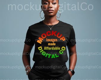 May include: A black t-shirt with a colorful graphic design that reads "MOCKUP Images made Affordable DIGITAL CO".
