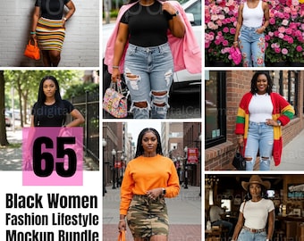 African American Black T-shirt Mockups Black Sweatshirt Mockup Female Black Model White Tee Mock Black Women Lifestyle Fashion Mockup Bundle