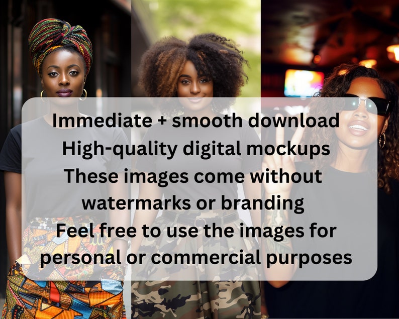 May include: Image showing three women with different hairstyles and clothing. Text overlay reads: "Immediate + smooth download," "High-quality digital mockups," and "Feel free to use the images for personal or commercial purposes."