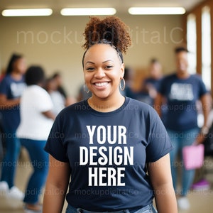 Black Model Mockup, Bella Canvas 3001 TShirt Mockup, Navy Blue Tshirt Mockup, Black Woman T-Shirt Mockup, African American Summer Tee Mockup