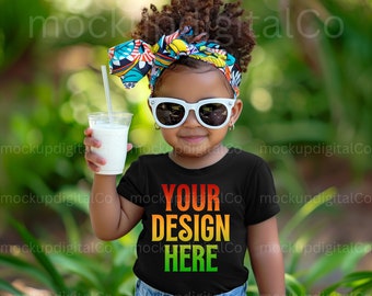 Niños Bella Canvas 3001T Maqueta de niña negra Maqueta de camiseta negra Maqueta de camiseta para niños pequeños afroamericanos Maqueta de modelo negro Maqueta de niños