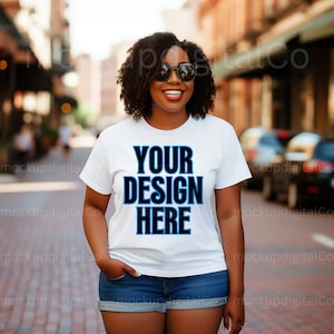 Gildan 5000 Women T-shirt Mockup, White T-shirt Mockup, Black Model Mockup, Female Model MockUp,  African American Woman 5000 Gildan Mockup