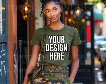 Black Model Mockup, Military Green T-Shirt Mockup, Gildan 64000 Green Tee Shirt Mockup, Black Woman Outfit Mockup, African American Mockup