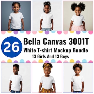 May include: A set of 26 white t-shirt mockups featuring children of various ages and ethnicities wearing the shirts. The mockups are ideal for showcasing designs for children's clothing.