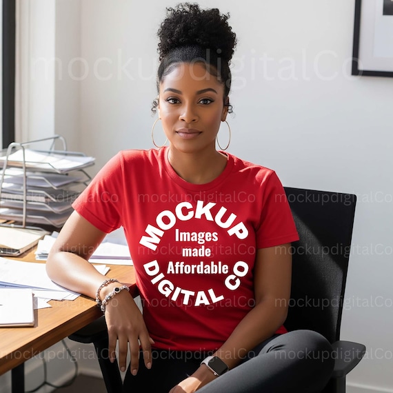 Gildan 64000 Red Tshirt Mockup, Black Model Mockup, African American Woman, Gildan Shirt Mockup, Office Lifestyle Aesthetic T-shirt Mockup