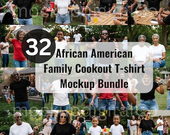 Maqueta de camiseta de una familia afroamericana con barbacoa, modelo negro, paquete de camisetas familiares, maqueta de camiseta de verano con estilo de vida familiar al aire libre