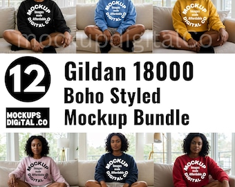 Gildan 18000-sweater mockupbundel ronde hals mockup-sweater mockup zwart model, Boho-stijl herfst/winter Afrikaans-Amerikaanse mock-ups