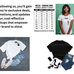 May include: The image displays a white t-shirt mockup with a size chart, a black t-shirt, and blue jeans. The text reads, "By following us, you'll gain access to exclusive deals, promotions, and updates of our, cost-effective mockups that empower your brand to shine."