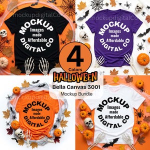 Puede incluir: Cuatro camisetas en negro, morado, naranja y blanco, cada una con un diseño circular que dice "MOCKUP Images made Affordable DIGITAL CO." La imagen es una maqueta con temática de Halloween, con calabazas, murciélagos, arañas y esqueletos.