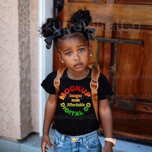 Little Black Girl Mockup Black Bella Canvas 3001T Child Mockup African American MockUp Black Model Mockup Child School Black Tshirt Mockup