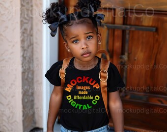 Maqueta de niña negra Maqueta de lona Bella Canvas 3001T negra Maqueta de niña afroamericana Maqueta de modelo negra Maqueta de camiseta negra escolar para niño