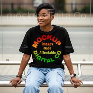Gildan 5000 Black TShirt Mockup | African American Woman | Gildan 5000 Black Shirt | Black Model Mock-up | Oversized Black T-shirt Mockup