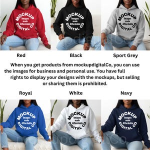 May include: A selection of hooded sweatshirts in red, black, sport grey, royal blue, white, and navy. Each hoodie features a circular logo with the text "MOCKUP IMAGES MADE AFFORDABLE DIGITAL". The image includes text about usage rights.