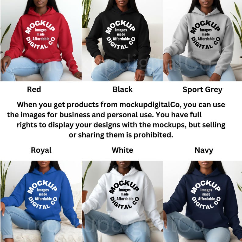 May include: A selection of hooded sweatshirts in red, black, sport grey, royal blue, white, and navy. Each hoodie features a circular logo with the text "MOCKUP IMAGES MADE AFFORDABLE DIGITAL". The image includes text about usage rights.