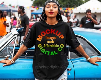 Gildan 64000 Black TShirt Mockup, Black Oversized T-Shirt Mockup, Black Model, Summer Casual Black T-Shirt Mockup, Womens Black Tee Mockup