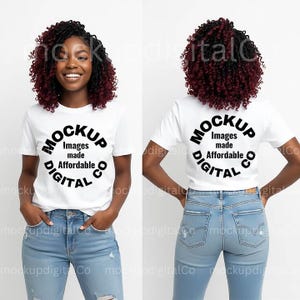 May include: A white t-shirt with the text "MOCKUP Images made Affordable DIGITAL Co" in a circular design. The model is wearing blue jeans. The back of the shirt also has the same text. The model has dark hair with red highlights.
