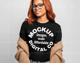Gildan 64000 Black Tshirt Mockup, G64 Black Shirt Mockup, Black Model, Boho Studio Tee Mockup,  African American Woman Black T-shirt Mockup