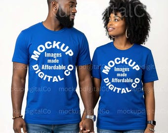 Bella Canvas 3001 True Royal Tshirt Mockup, 3001 Blue Shirt Mock-up, African American Couple, Black Model, Trendy Matching T-shirt Mockup