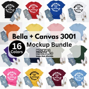 Puede incluir: Un paquete de maquetas con 16 camisetas Bella + Canvas 3001 de diferentes colores, cada una combinada con vaqueros y zapatillas blancas. Las camisetas muestran el texto "Mockup Images Made Affordable" y el sitio web "MOCKUPS DIGITAL.CO".