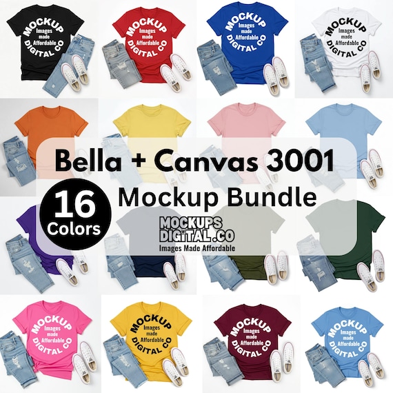 Bella Canvas 3001 TShirt Mockup Bundle | 16 Flat Lay Tee Colors | Bella Canvas Shirt Mock-up 3001 TShirt Plain Background Digital Download