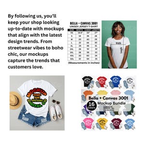 May include: A white t-shirt mockup with the text "MOCKUP Images made Affordable DIGITAL CO" is displayed with denim shorts, sunglasses, and trainers. The image also includes a size chart and a mockup bundle with 16 colours.