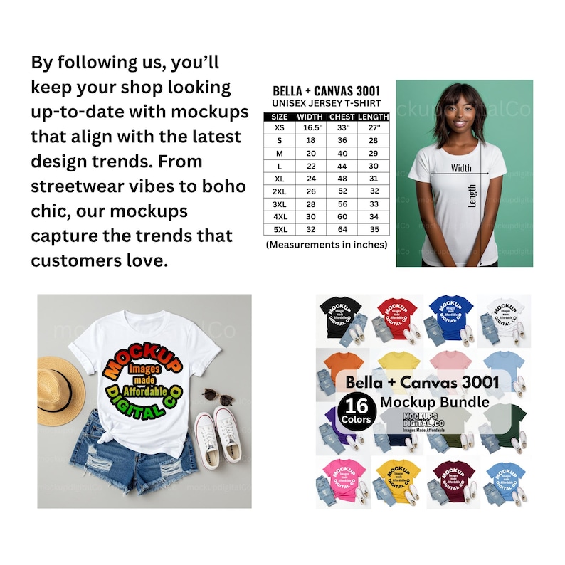 May include: A white t-shirt mockup with the text "MOCKUP Images made Affordable DIGITAL CO" is displayed with denim shorts, sunglasses, and trainers. The image also includes a size chart and a mockup bundle with 16 colours.