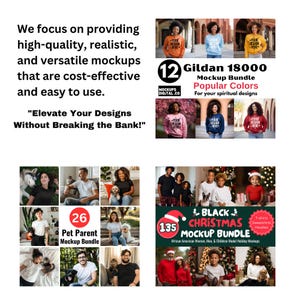 May include: A collection of 12 Gildan 18000 mockups featuring various models wearing sweatshirts in popular colors. The text "Mockup Bundle Popular Colors For your spiritual designs" is displayed on the image.