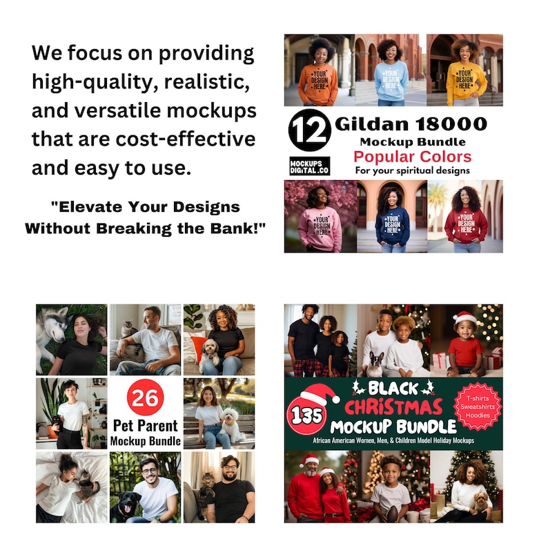 May include: A collection of 12 Gildan 18000 mockups featuring various models wearing sweatshirts in popular colors. The text "Mockup Bundle Popular Colors For your spiritual designs" is displayed on the image.